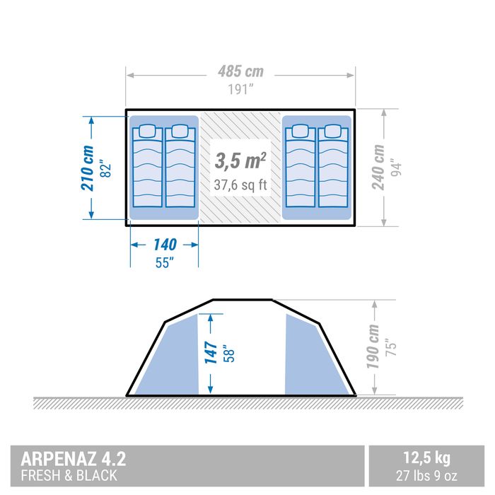 Cort de camping 4 persoane 2 camere, - produs resigilat Decathlon