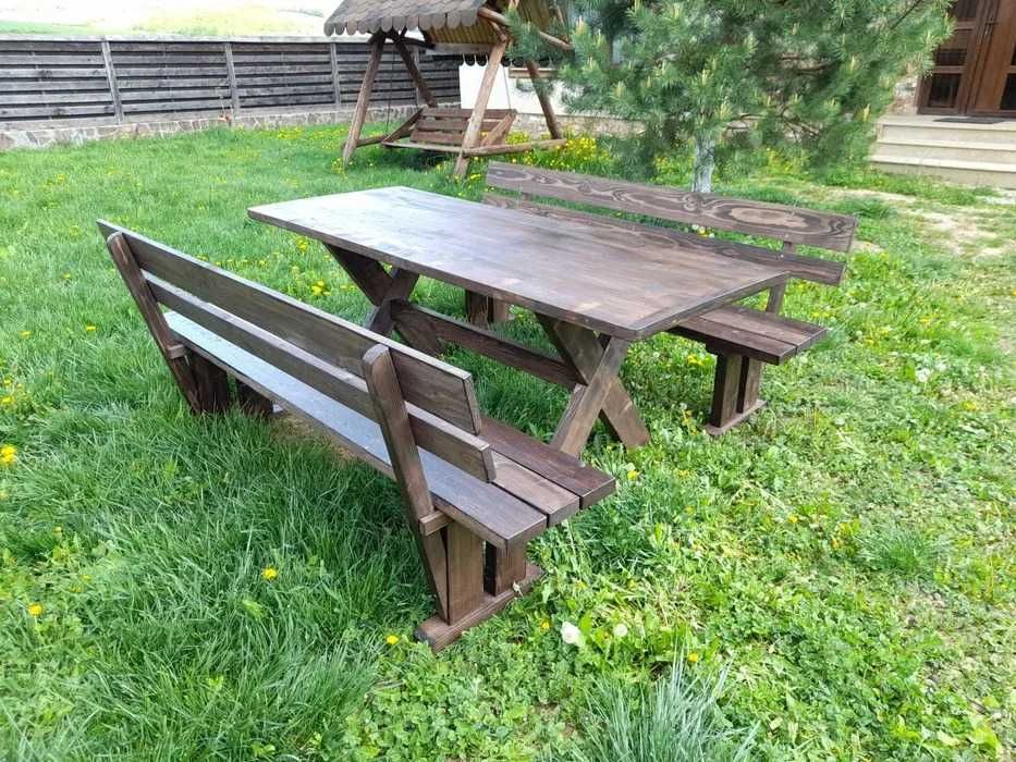 Set masa și bănci lemn masiv pentru gradina, vopsit nuanța wenge lungime 2m