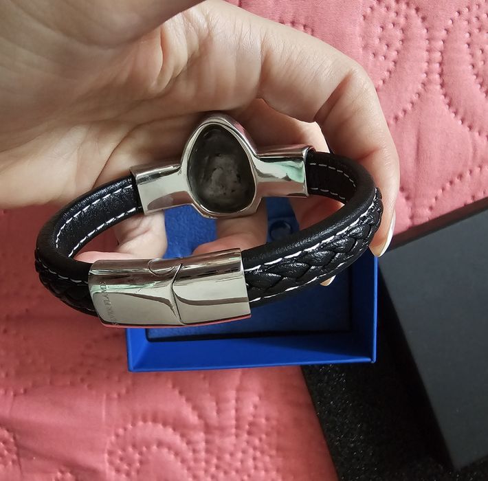 Мъжка гривна от естествена кожа, сребро и стомана