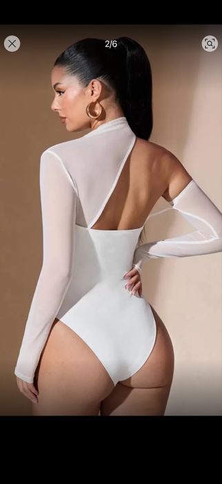 Дамско бяло боди с ефектен ръкав и дантела