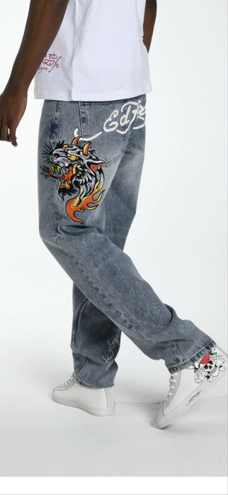 Ed Hardy men’s hell-cats tattoo graphic denim trousers jeans - bleach