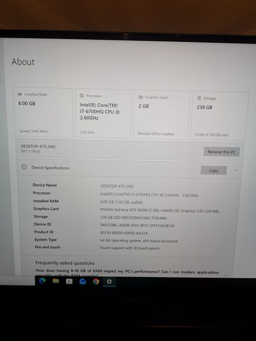 Dell xps 15 9550 core I7 display Touchscreen 4 K, video dedicat, ssd  m2