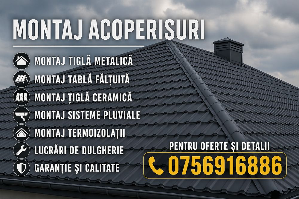 Acoperișuri și Mansardari sistem complet 
-dulgherie,mansardari, astereala
-montaj acoperis tigla metalica
Montaj invelitori țiglă metalică 
-reparati
