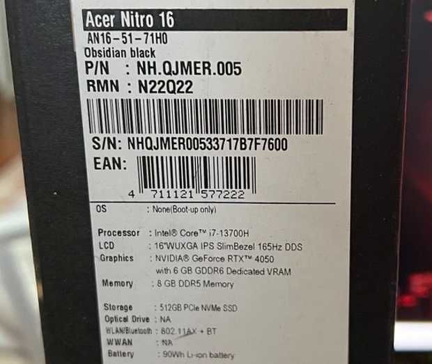Acer Nitro AN16-51  (i7-13700H, RTX4050, 8Gb, 512Gb) как новый!
