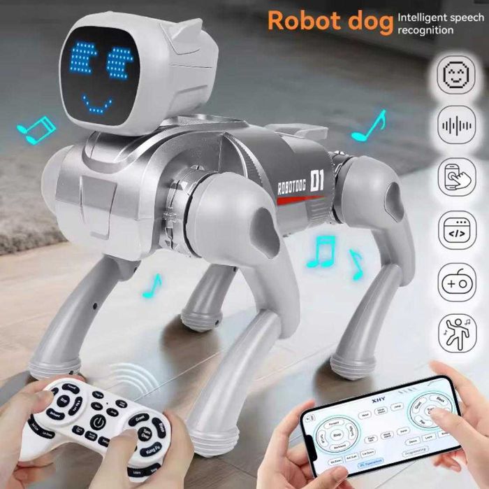Câine Robot Inteligent cu AI, Control Vocal, Telecomandă 2.4G, Control prin Aplicație