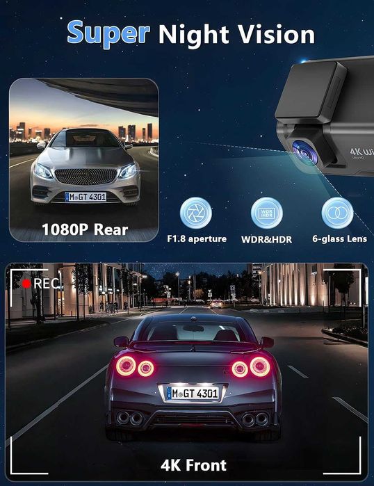 Otovoda Видеорегистратор за автомобили с предна и задна камера, 4K+1080P WiFi двойна видеокамера