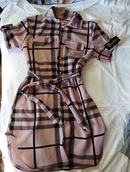 Rochie Cămașă Italy Moda în Carouri Roz Prăfuit