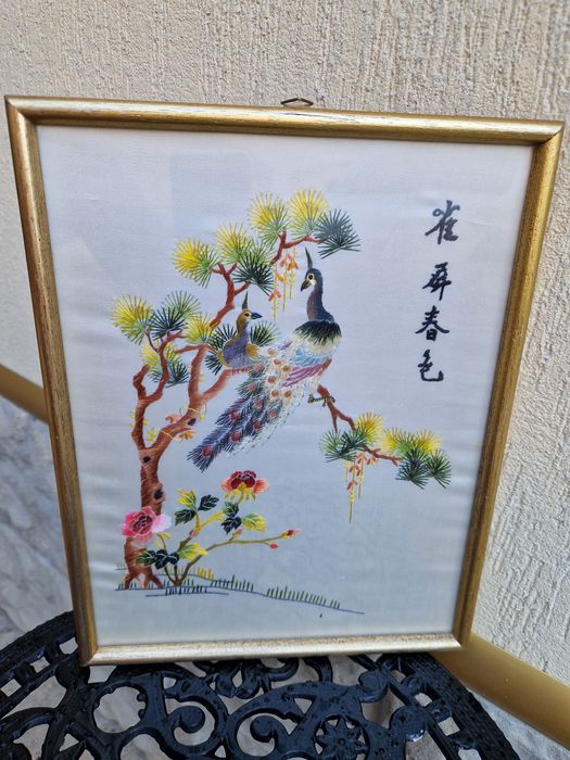 Прекрасна антикварна китайска бродерия картина върху коприна