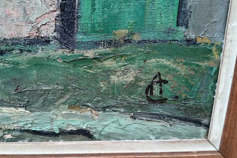 Tablou vechi - case la marginea satului - semnat in  AC ( Ciucurencu)