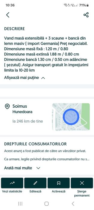 Vand set masă extensibilă + 3 scaune + banchetă