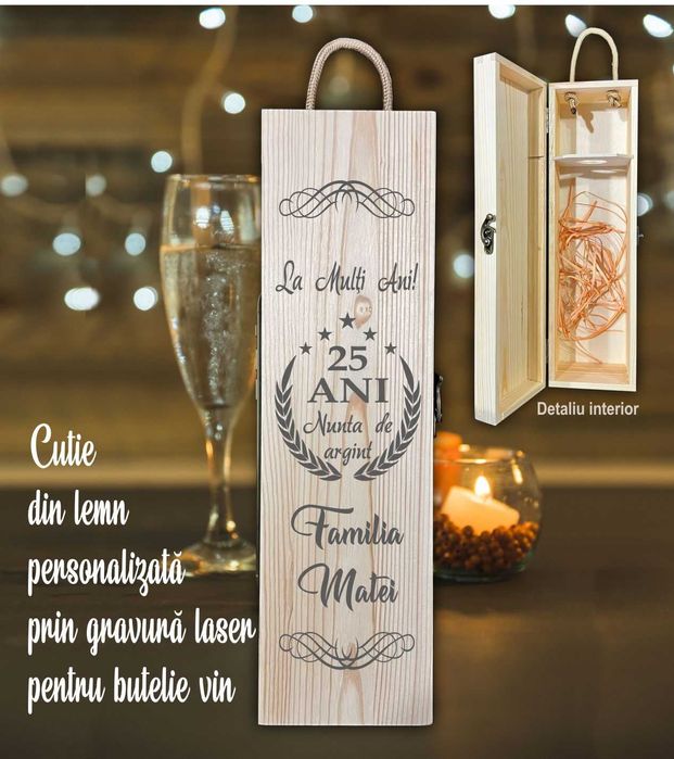 Cadou Cutie lemn gravată pentru butelie vin