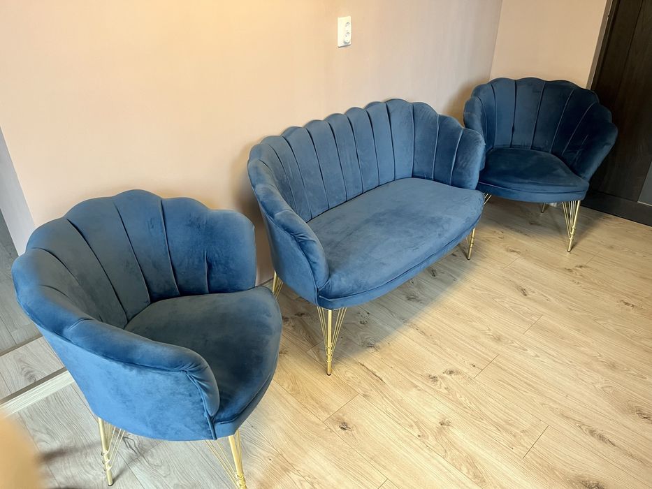 Set canapea cu doua fotolii din catifea albastru inchis