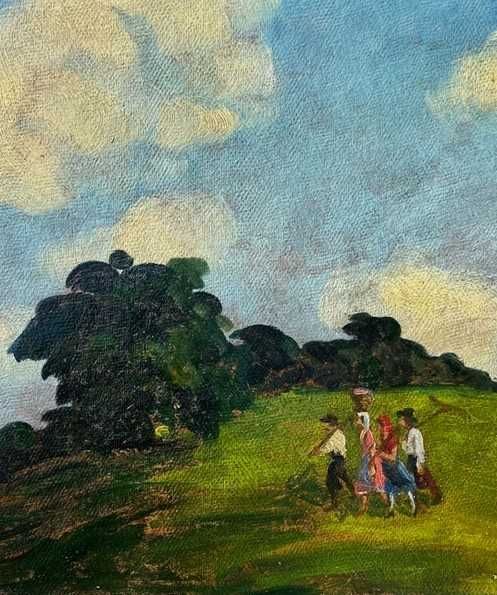 ”Țărani pe deal” Tablou AUTENTIC VECHI sem în pastă, ulei/cart 60x50+R