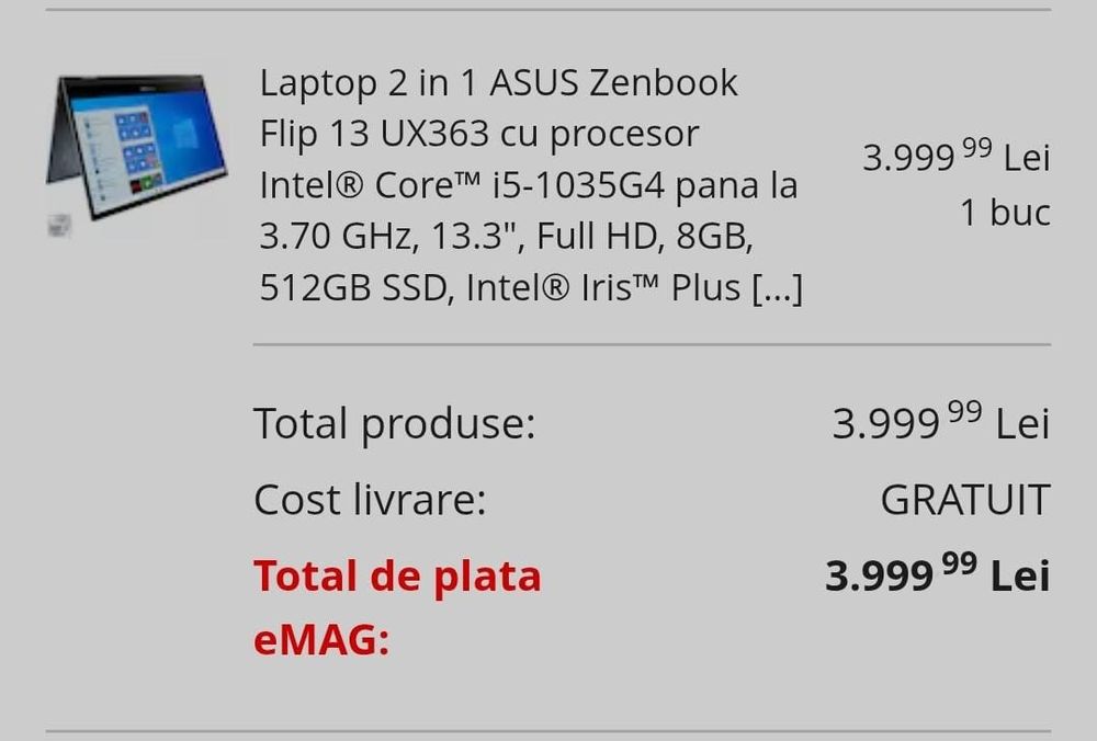 *Laptop 2 în 1 ASUS ZenBook Flip 13 UX363**, în stare excelentă, nou