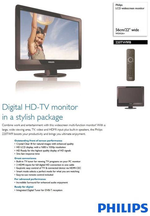 МОНИТОР 22'' Philips С TV ФУНКЦИЯ С ДИСТАНЦИОННО 220TW9FB/00