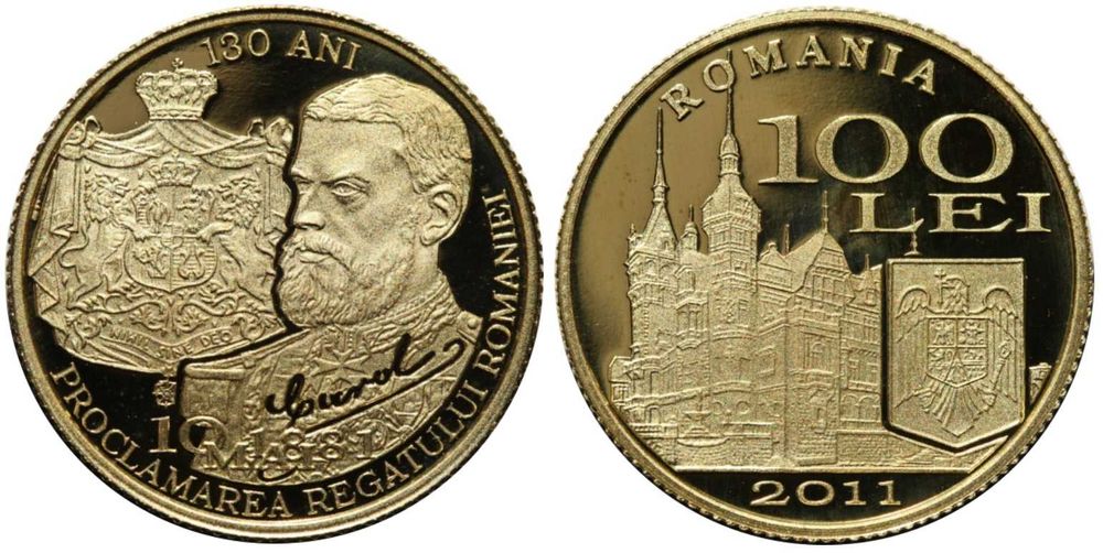 Moneda aur BNR 100 Lei, proclamarea Regatului Rom. gradata NGC PF 69