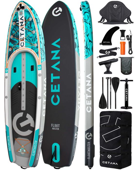 Тежкотоварен двукамерен риболовен SUP CETANA CT01 351x89 паддъл борд с висока стабилност, богата екипировка и възможност за седящо гребане.