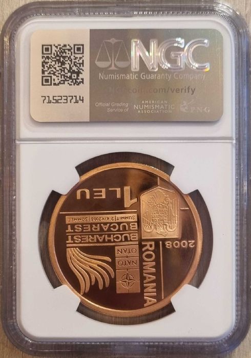 Moneda BNR 1 leu tombac Summitul NATO gradata NGC PF 69 UC