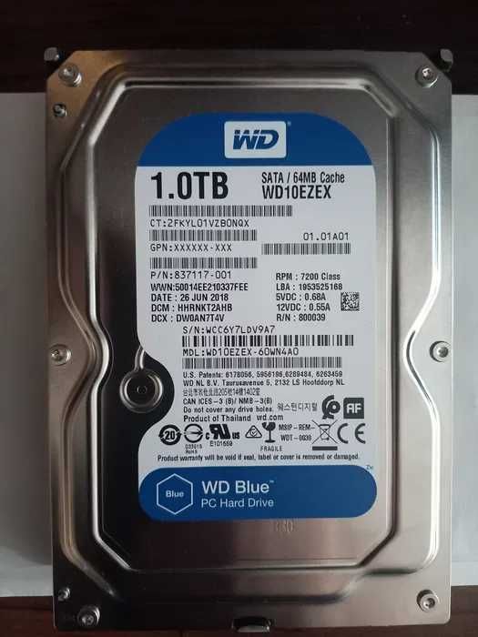 HDD 1TB, 7200rpm, 64MB cache, SATA III, Western Digital Blue (DOAR 3 LUNI S.M.A.R.T. power-on time !)