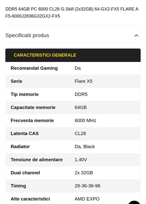 Kit Memorie G.Skill Flare AMD EXPO, 64GB, DDR5-6000MHz, CL28