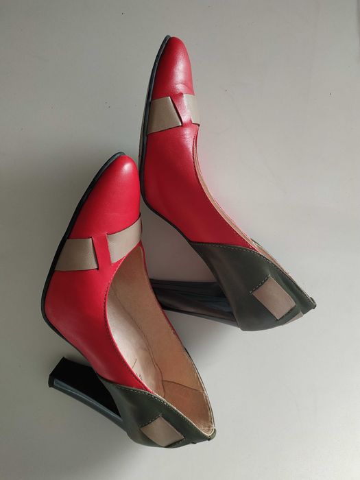 Pantofi dama piele roșu cu negru , nr. 36, pantofi cu toc negru