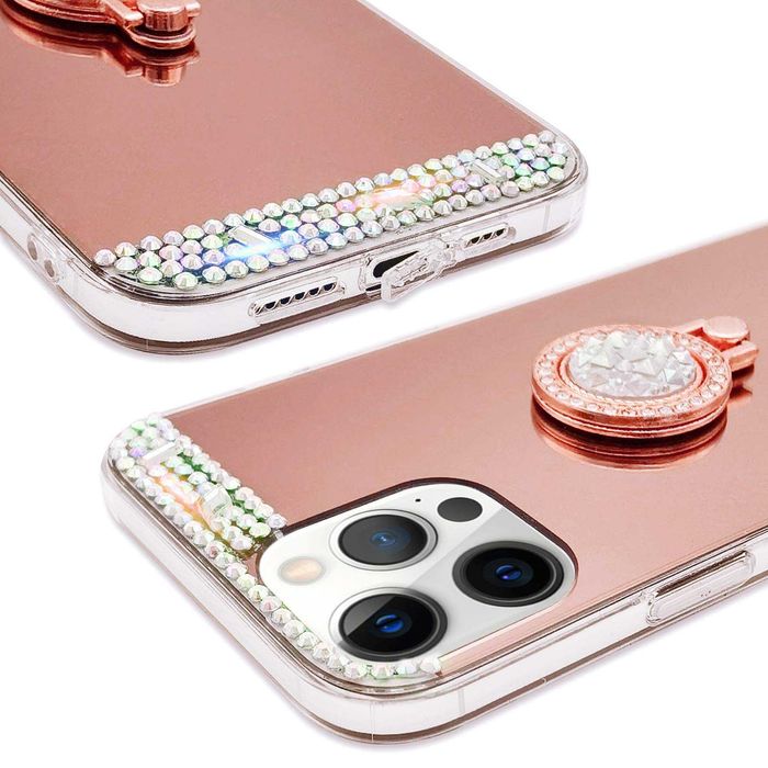 Husa tip oglinda cu inel si pietricele pt. iPhone 15 Pro / 15 Pro Max