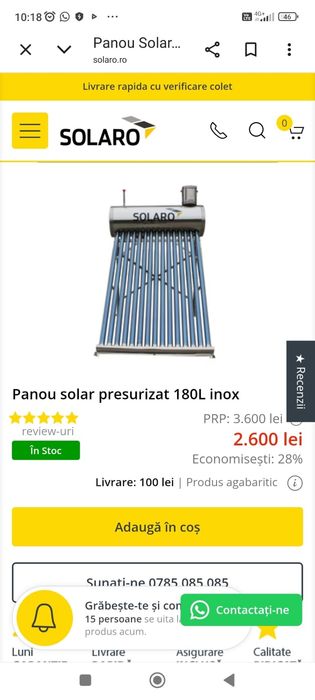 Panou solar presurizat apă caldă inox  180 L cu schimbător de căldură