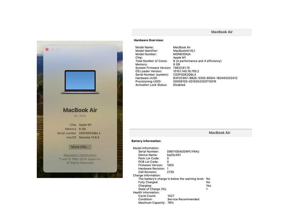 MacBook Air M1 A2337 8GB/256GB – Ecran spart, funcțional extern
