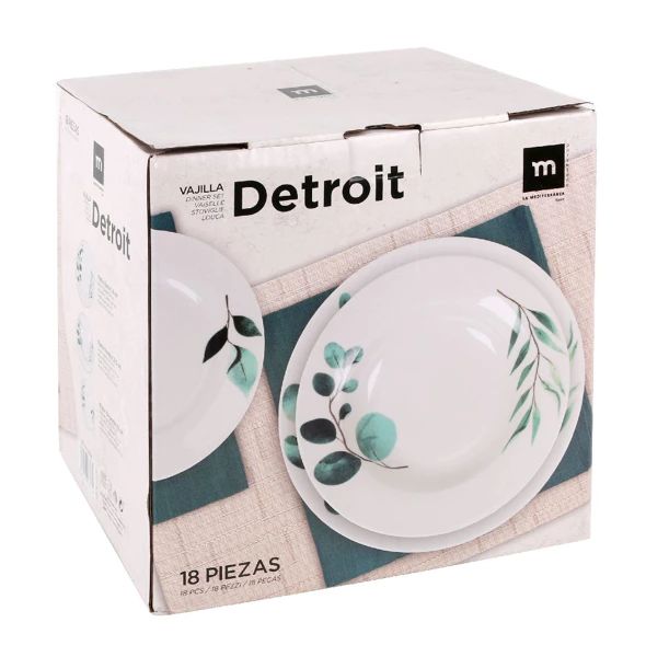Set vesela masa Detroit 18 piese,ceramica decorata,rotund, Culoare Alb