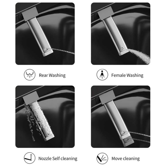 Мултифункционална черна смарт тоалетна с биде, подгрев, сушене, масаж