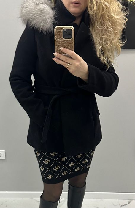 ТОП ЦЕНА Зимно дамско палто вълна и естествен косъм размер M/L