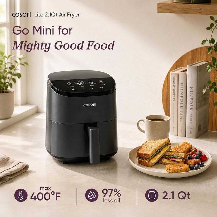 Малък фритюрник Cosori Lite 2.1 Qt, макс. 400°F, 4 в 1, 97% по-малко олио, сив | Идеален за общежития, апартаменти, кемпери, тих,