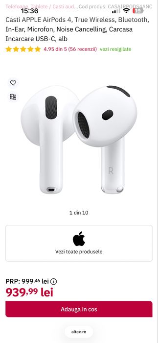 Casti APPLE AirPods 4, True Wireless, Bluetooth, In-Ear, Microfon