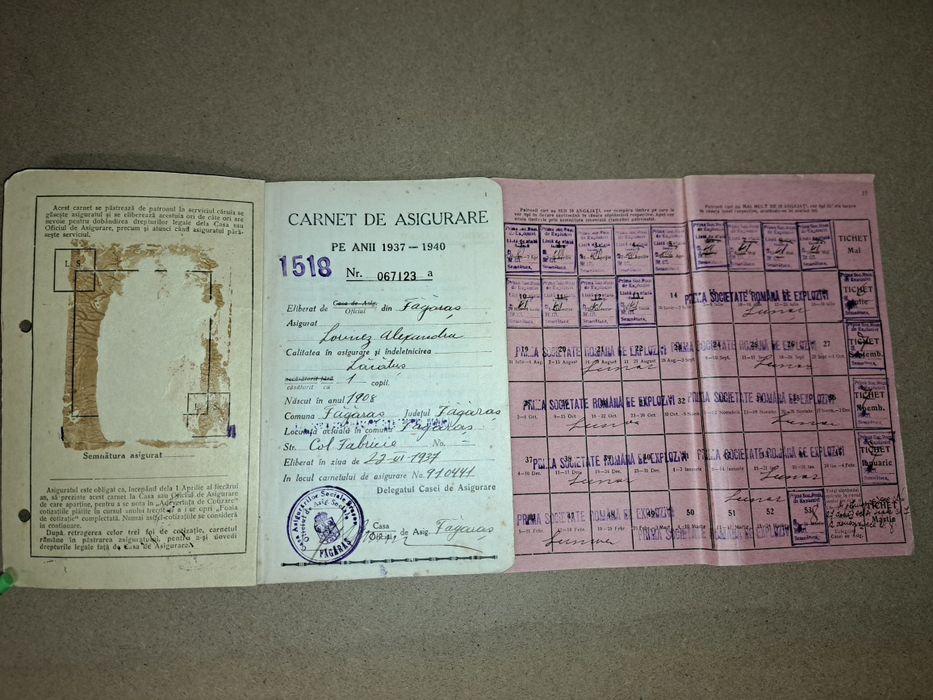 Carnet asigurari - Fabrica de explozivi Fagaras  1939