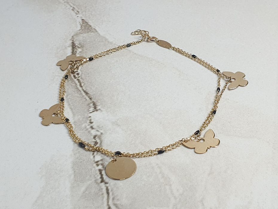 Brățară dublă de picior din aur de 14K cu fluturi și bănuț