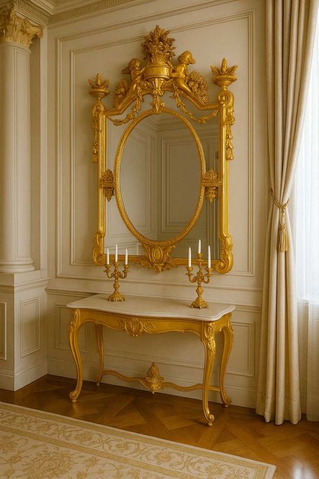 Oglindă în stil baroc, cu finisaj auriu, H. 135 cm