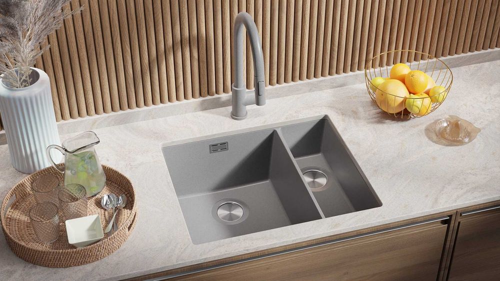 Гранитна Мивка за Вграждане под Плот Лондон 60 Duo 550 x 450  сива