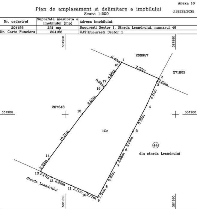 Teren intravilan Sector 1, 231 mp, 11 m deschidere - CU 2026 P+2E, zona de case