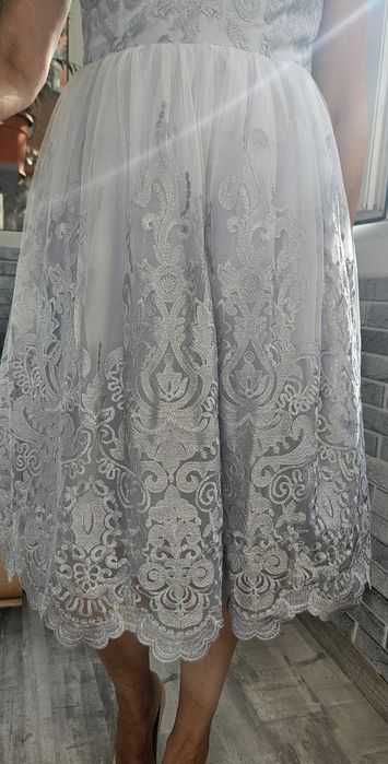 Rochie A-Line, Gri,Dantela,Lungime medie, mâneca scurta,cu sutien/cupe