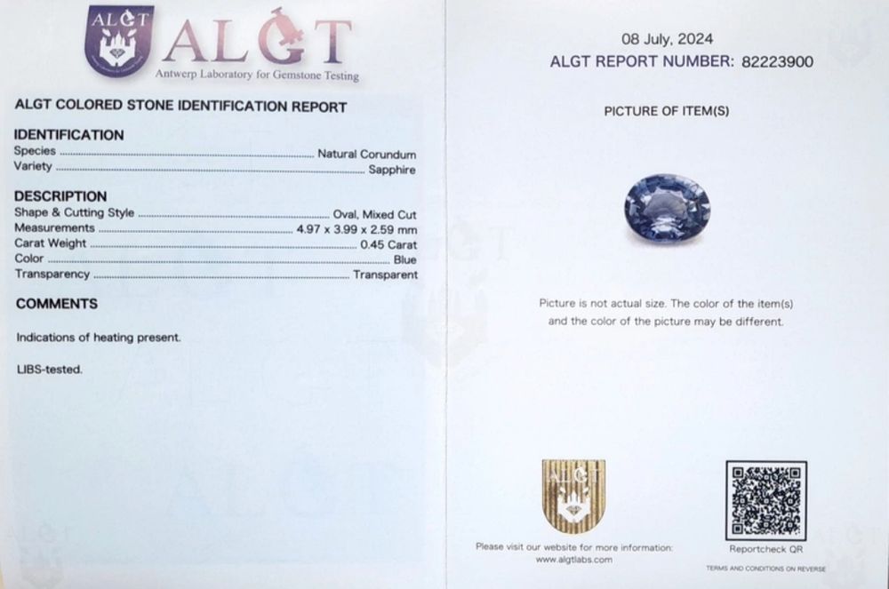 Сапфири с белгийски сертификати ALGT