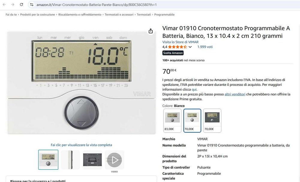Termostat Vimar 01910 programabil alimentat cu baterii, alb