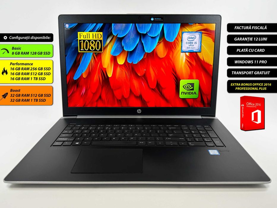 Laptop HP Probook 470 G5 i5-8250u 16 gb ram ddr4 256 gb ssd Nvidia GeForce Ecran Mare 17 inch Full HD Office 2016 Windows 11 Factura si Garantie 1 an