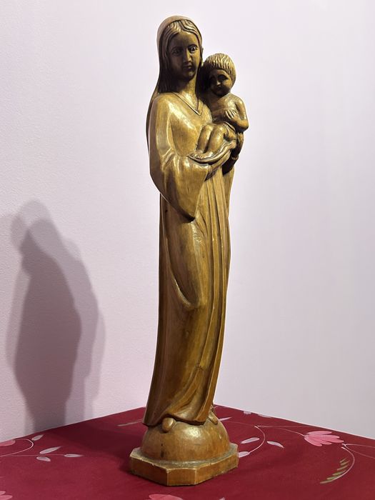Statuetă vintage din lemn masiv – Maica Domnului cu Pruncul