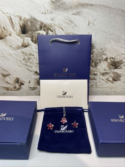 set flori roz lant si cercei swarovski