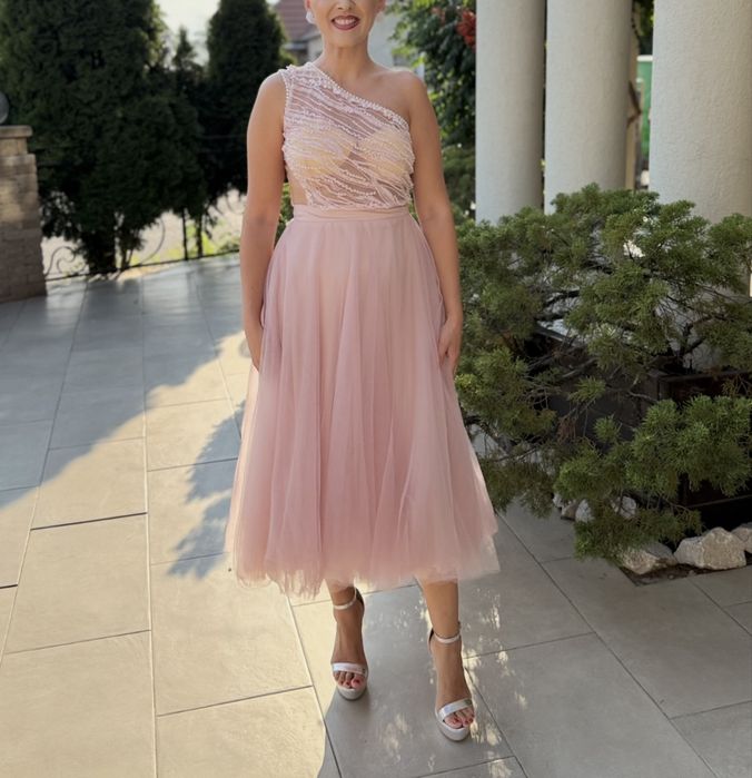 Rochie roz pal midi cu tull si perle marimea 38 BBY