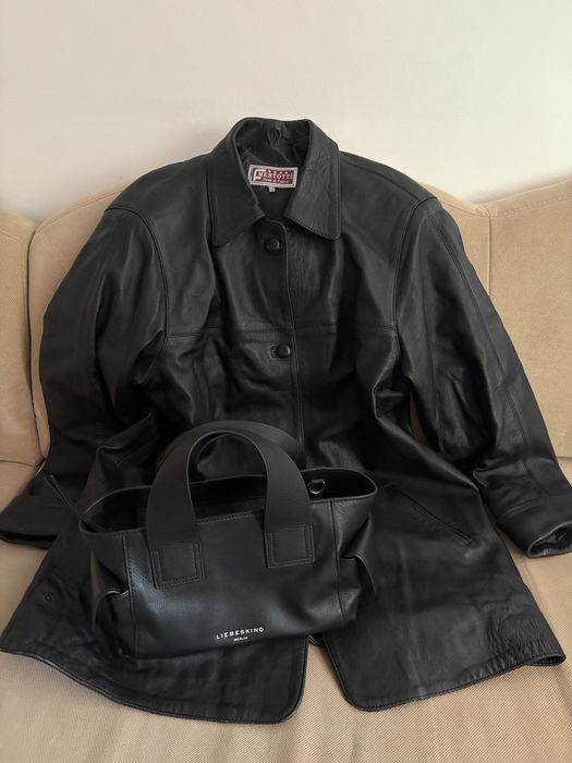 Trench (jacheta) negru din piele naturala