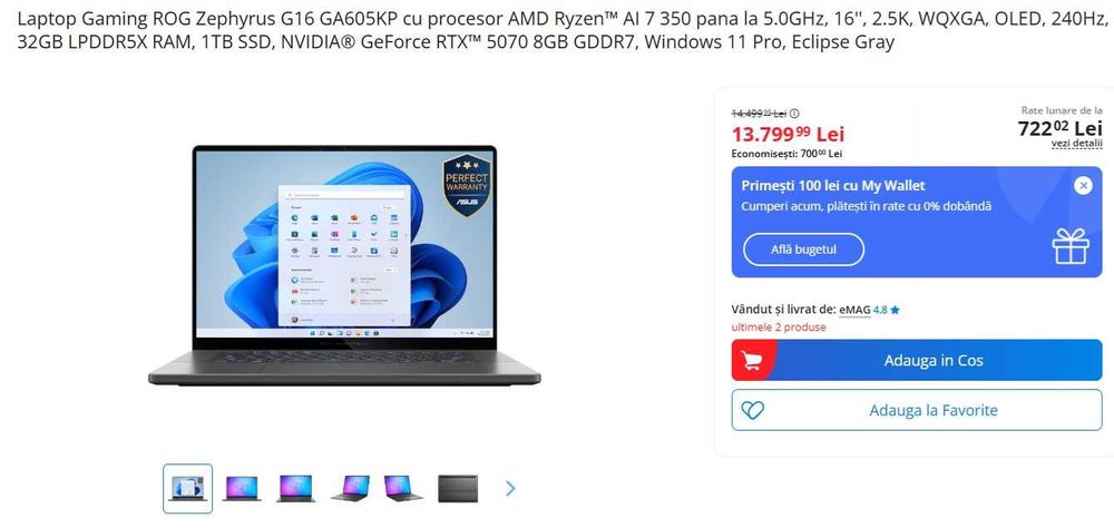 ***STAR*** Shop: Laptop Asus Rog Zephirus G16 - 2025 | SIGILAT | 32 GB RAM | RTX 5060 8GB | Garantie!!!