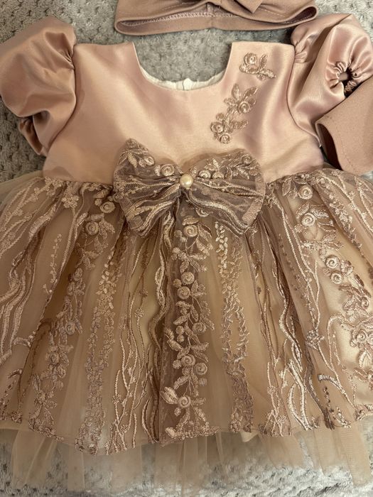 Set rochie roz, bolero si caciula elegante botez bebe marime 62