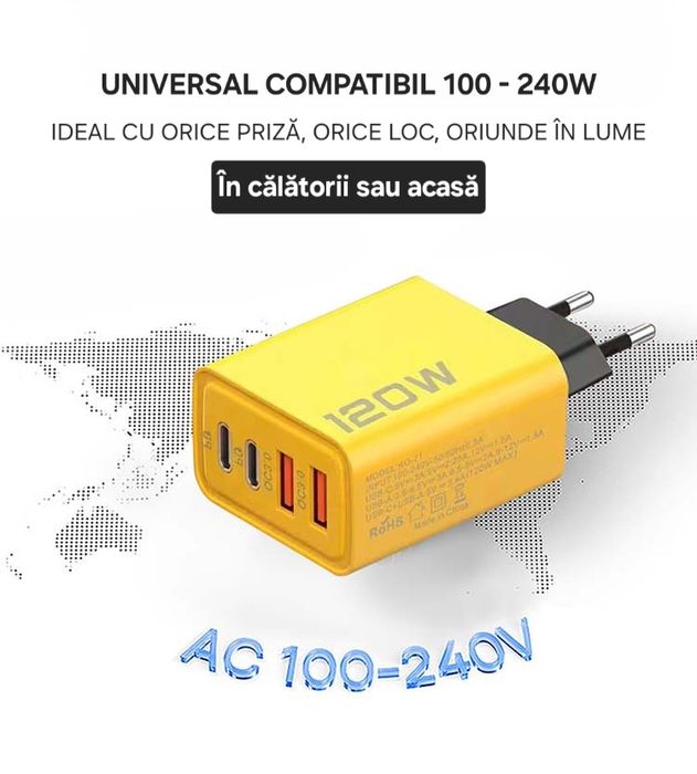 Încărcător 120W 4in1: 2Usb+2UsbC PD. Universal, multi dispozitiv. QC 3