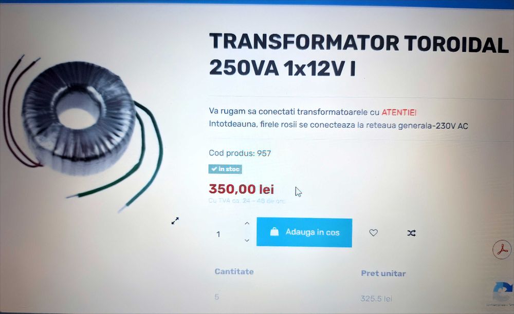 Transformator toroidal 250VA 1x12V AC
